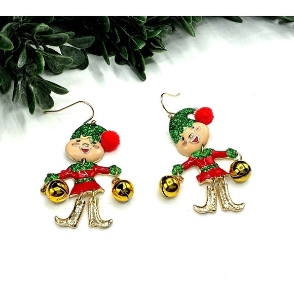 Christmas Elf Jingle Bell Dangle Earrings Festive Holiday Jewelry - Picture 1 of 5